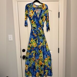 Tropical Floral Maxi Dress in Blue and Yellow